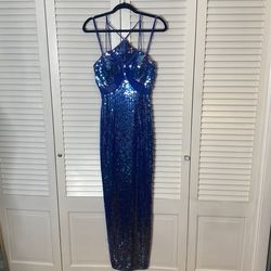 Style 31400 Peak Evenings Blue Size 2 Prom High Neck Side slit Dress on Queenly