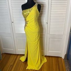 Style P3281 Kiss Kiss Formal Yellow Size 8 Pageant Jersey Side slit Dress on Queenly