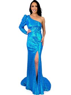 Style 8247 Marc Defang Blue Size 12 Plus Size Train Side slit Dress on Queenly