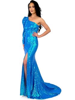 Style 8247 Marc Defang Blue Size 12 Plus Size Train Side slit Dress on Queenly
