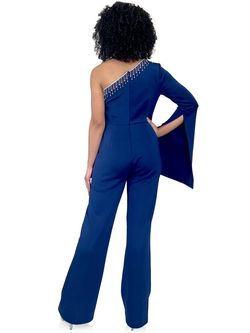 Style 8267 Marc Defang Blue Size 10 Jersey Interview Floor Length Jumpsuit Dress on Queenly