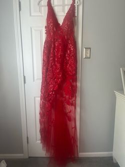 Jovani Red Size 2 Floor Length Pageant V Neck Sheer Side slit Dress on Queenly
