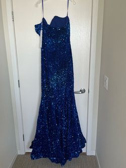 Style PS21208 Portia and Scarlett Blue Size 18 Military Jersey Sequined Mermaid Dress on Queenly
