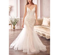 Style Off White Tulle & Chantilly Lace Sequin Mermaid Wedding Dress White Size 4 Mermaid Dress on Queenly