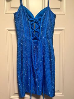 Sherri Hill Blue Size 0 Plunge Mini Jersey Cocktail Dress on Queenly