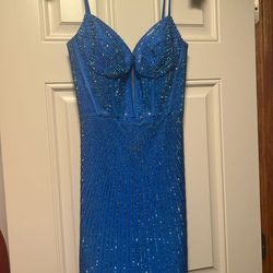 Sherri Hill Blue Size 0 Plunge Mini Jersey Cocktail Dress on Queenly