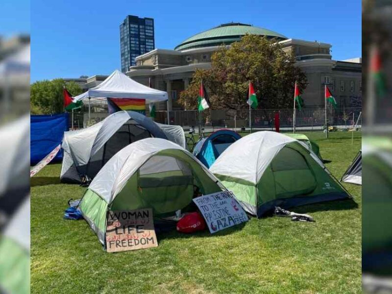 Tents that are part of the student encampment protest on UofT campus.