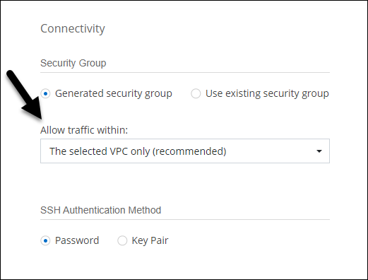 A screenshot that shows the Allow Traffic Within option that's available in the working environment wizard when selecting a security group.