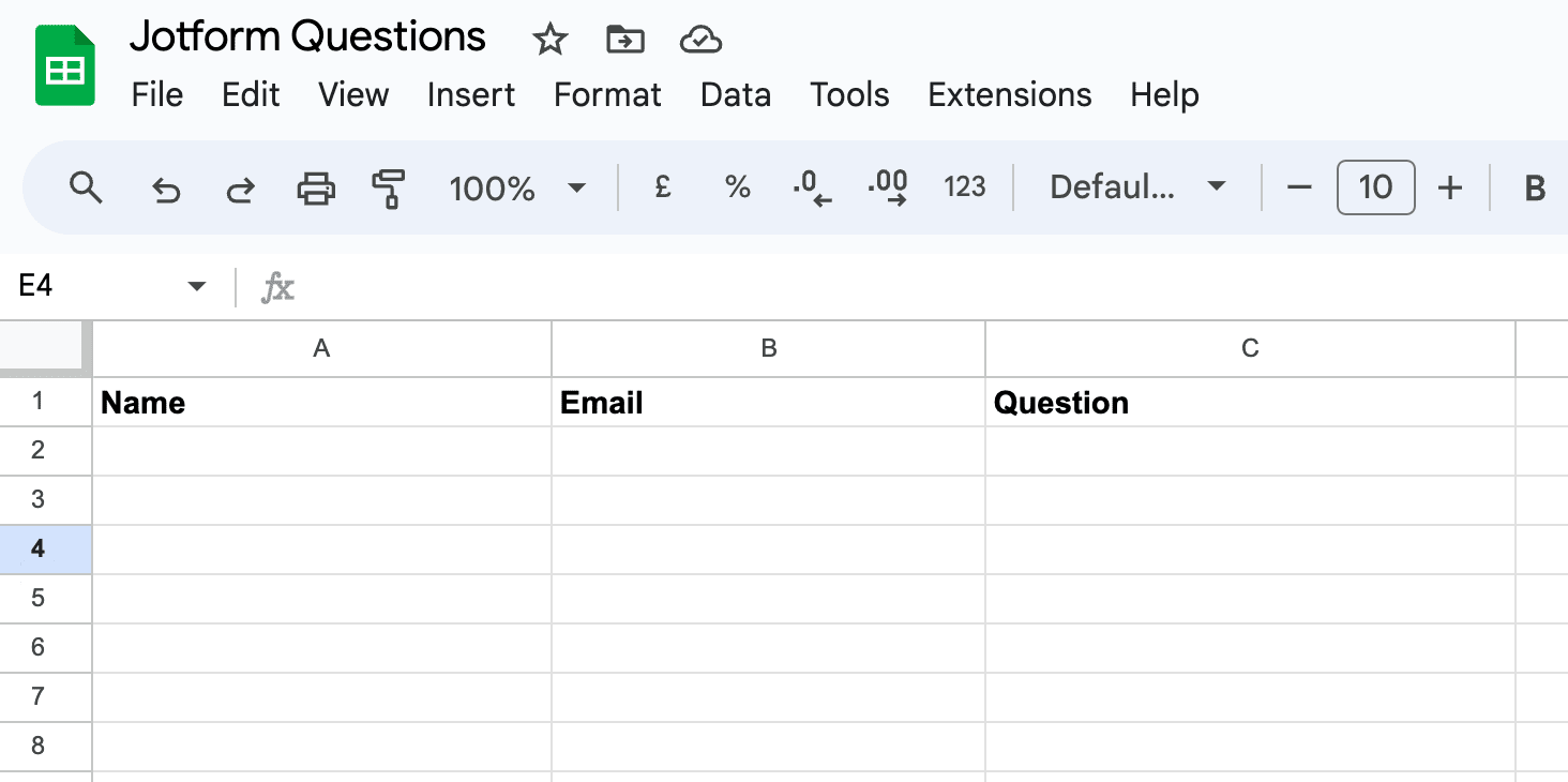 A Google Sheets spreadsheet with columns for name, email, and question.