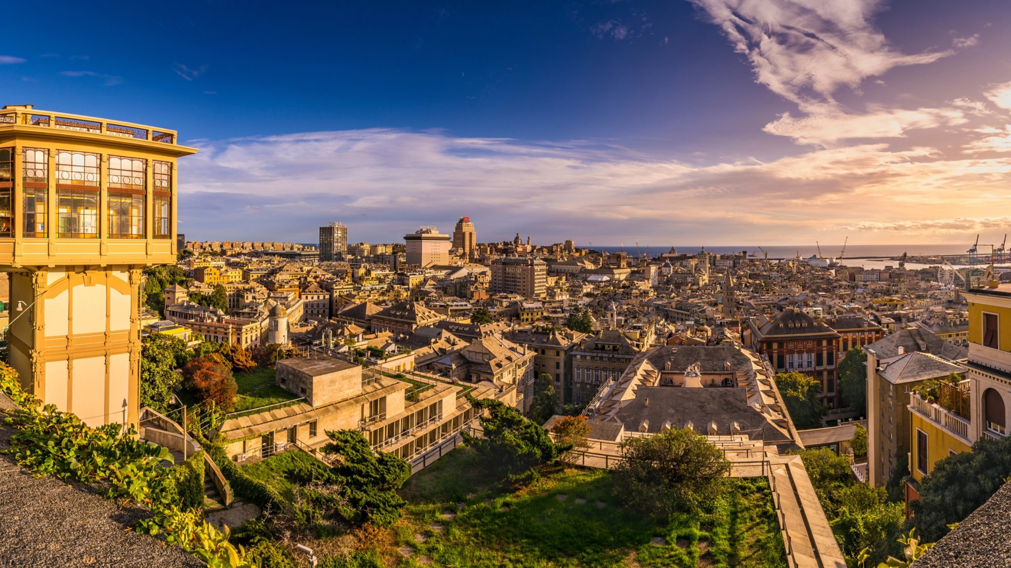View of Genoa at sunset from "Spianata Castelletto", Italy