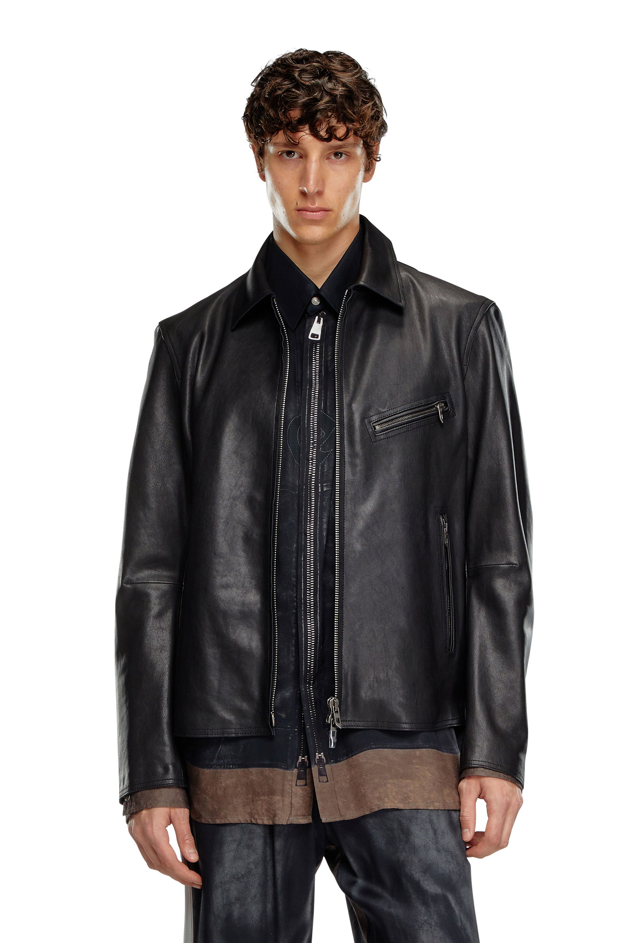 Diesel - L-KORN-A, Man Leather jacket with embossed Oval D in Black - Image 1