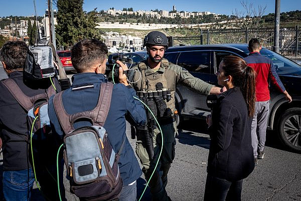 Members of the Turkish media seen during clashes between Israeli police and Palestinians after Friday prayers in East Jerusalem, December 15, 2023. [Nati Shohat/Flash90]
