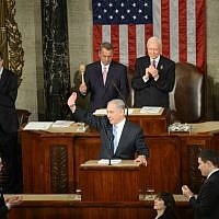 Prime Minister Benjamin Netanyahu addresses a joint meeting of US Congress, Washington DC, March 3, 2015. (Amos Ben Gershom/GPO)