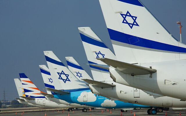 El Al airplanes on the tarmac at Israel's Ben-Gurion International Airport, October 4, 2022. (Moshe Shai/ Flash90/ File)