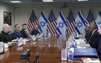 US Defense Secretary Lloyd Austin, right, listens as Defense Minister Yoav Gallant, left, speaks during their meeting at the Pentagon in Washington, June 25, 2024. (AP Photo/Susan Walsh)