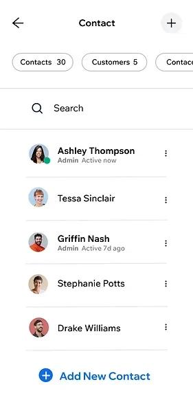 List of site contacts viewed on the Wix Owner App.