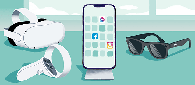 A Meta Quest, a mobile phone showing the Facebook, Instagram and Messenger apps, and a pair of Ray-Ban Stories glasses sit on a table.