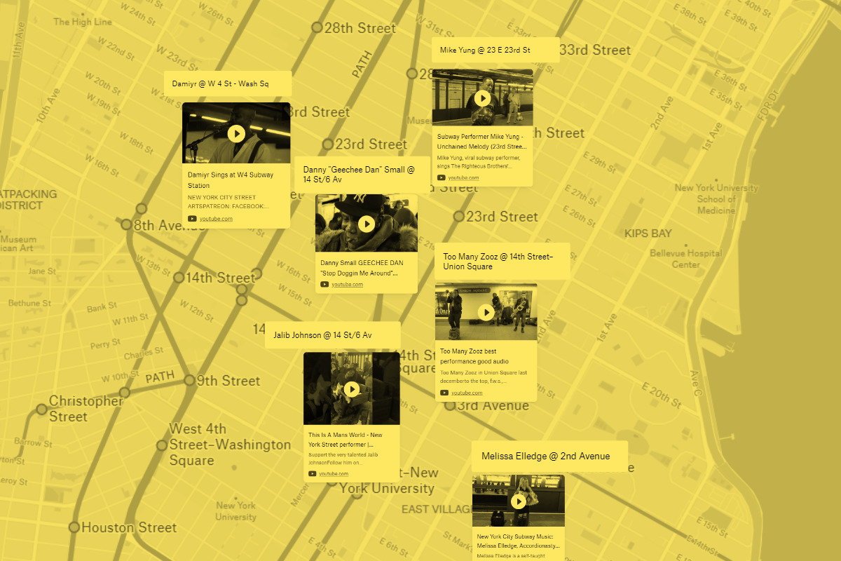 Yellow-tinted screenshot of my NYC Subway Artists map showing thumbnails of videos of some of the featured artists