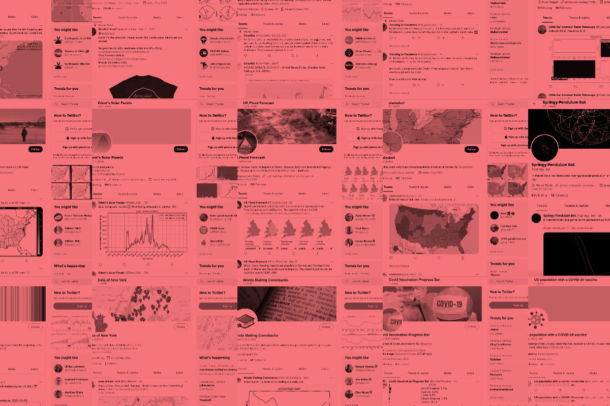 A tinted collage of screenshots of various dataviz Twitter bots.