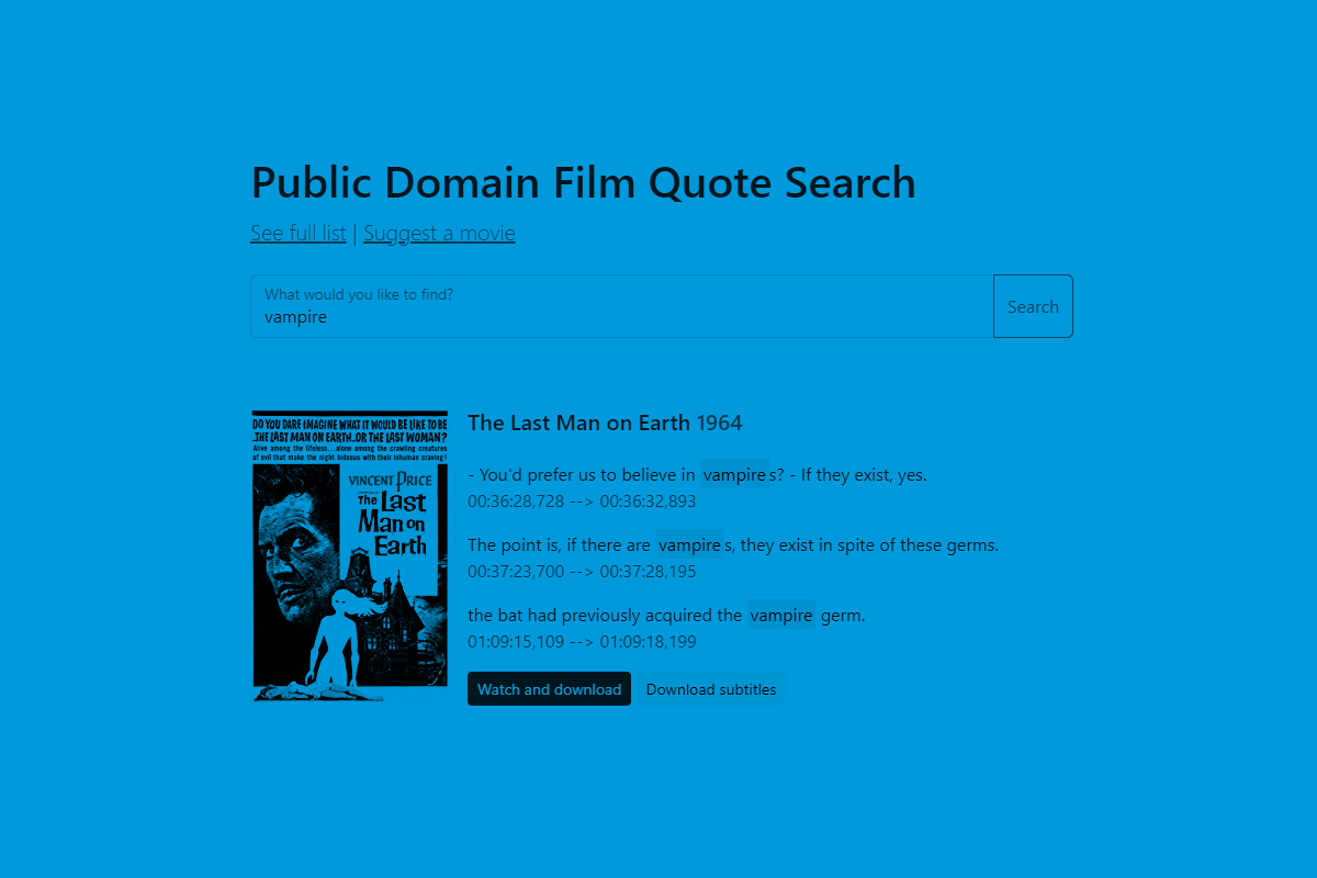 A tinted screenshot of the Public Domain Film Quote Search site showing results for the word 