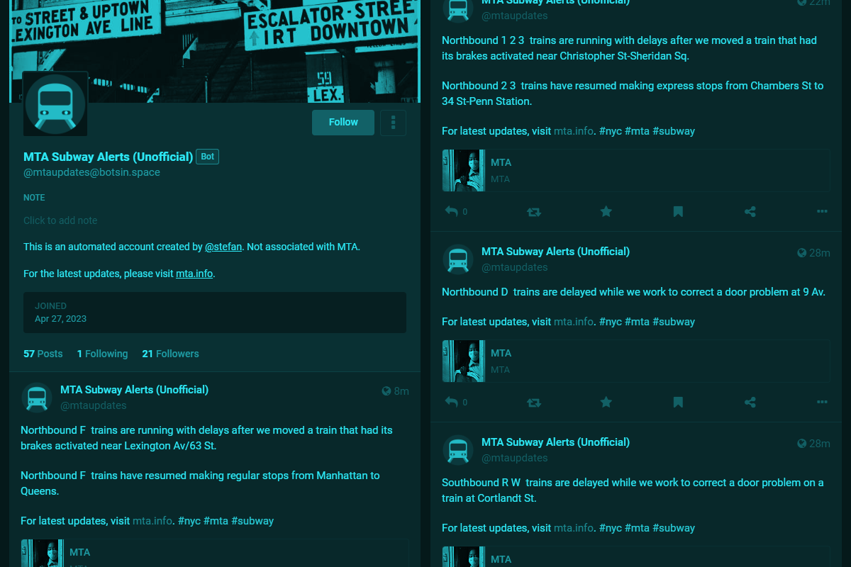 A tinted screenshot showing the @mtaupdates Mastodon profile and a few example posts with subway status alerts.