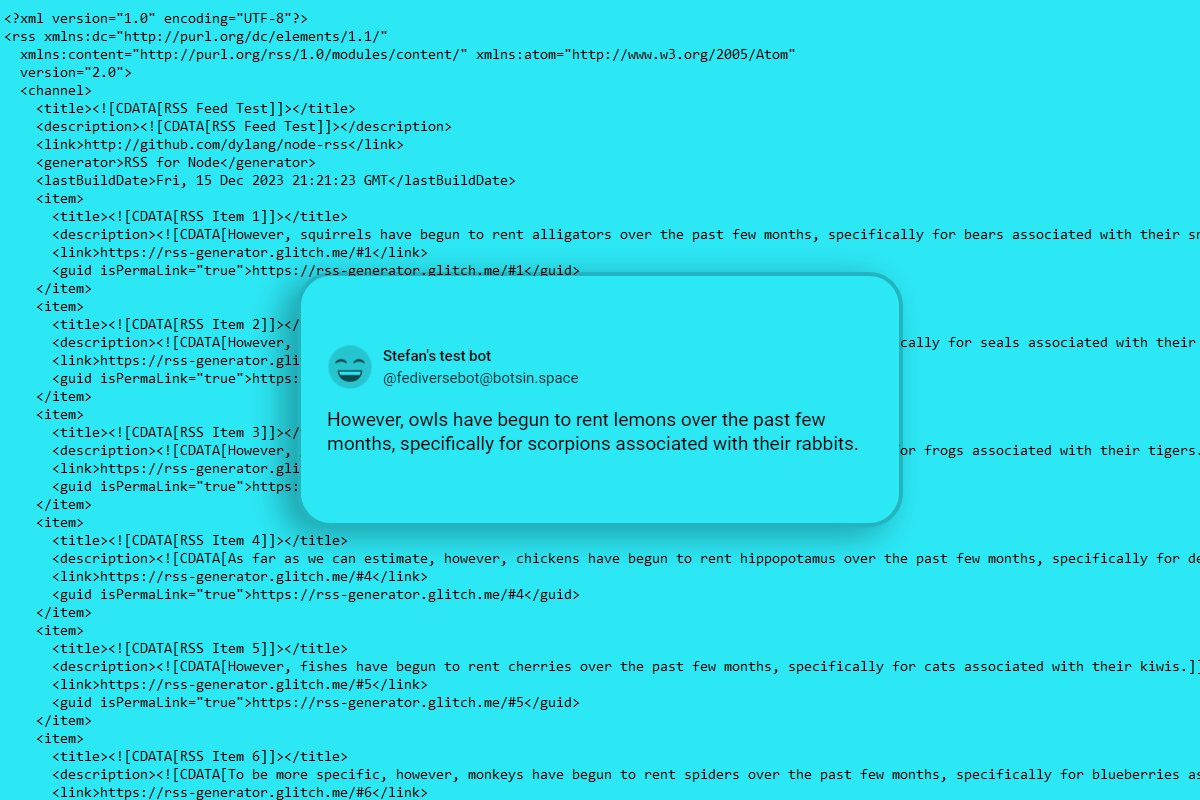 A tinted collage consisting of RSS code in the background, and an example post by the finished bot in front of it.