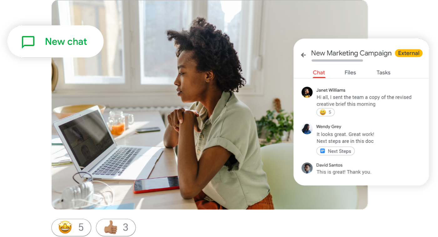 Lifestyle-kuva, jossa näkyy markkinointikampanjan lanseeraustilaisuus Google Chatissa sekä emojireaktioita 