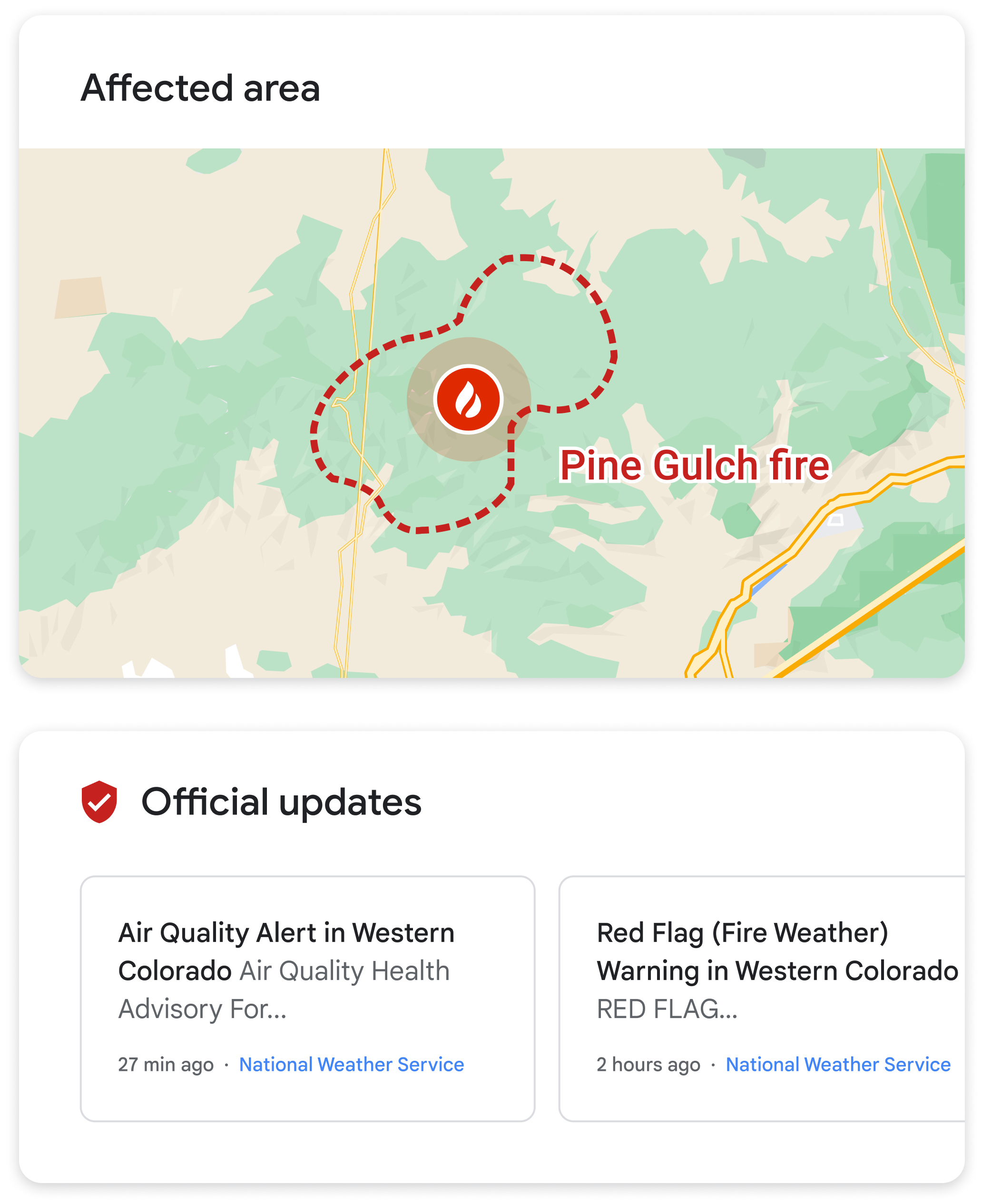 Wildfire boundary map visual within the SOS alert