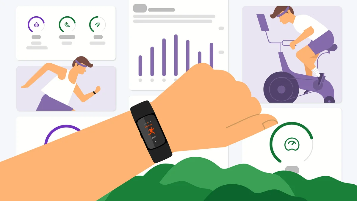 An illustrated image of an arm with a Fitbit Charge 6 on the wrist. In the background there are green rolling hills and a collage of activities like cycling, running, as well as screens displaying various charts and graphs reporting workout results.