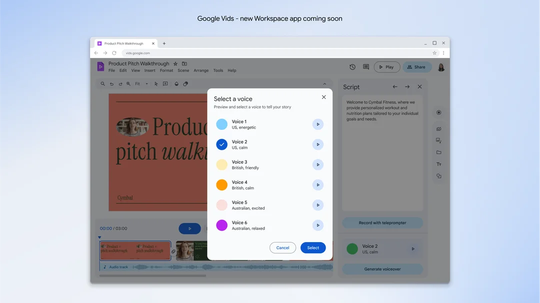 A mock-up of a Chrome browser tab open to the Vids tool. In the background, a Vids project titled “Product Pitch Walkthrough” is open. The word “walk” is cut off by a prompt box overlaid on the project that reads “Select a voice.”