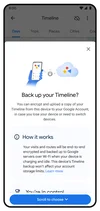 A screenshot of Google Maps with an in-product notification that prompts users to back up their Timeline.