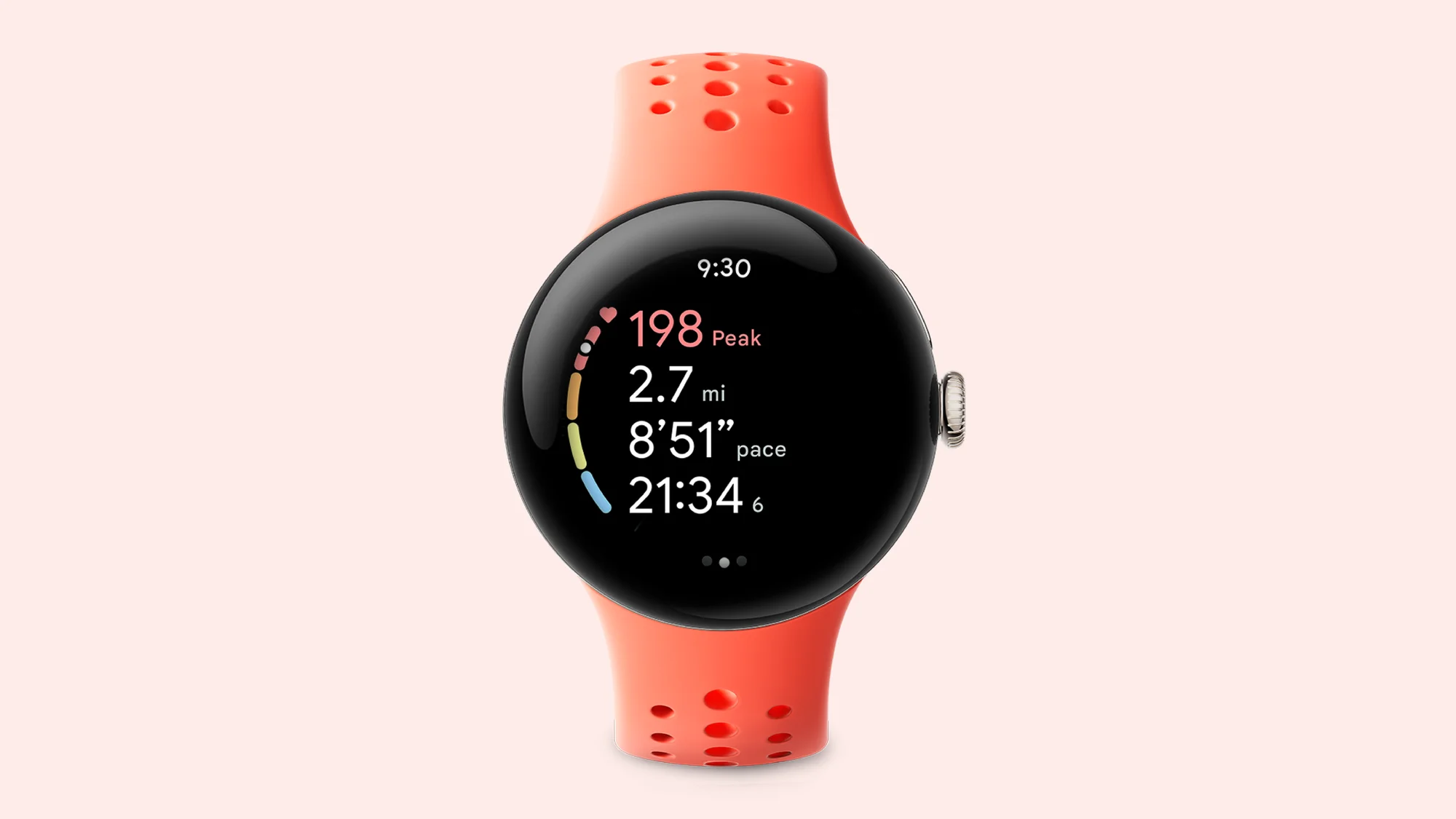 An up-close view of Pace Training on Pixel Watch 2 with the Coral Active Sport Band.