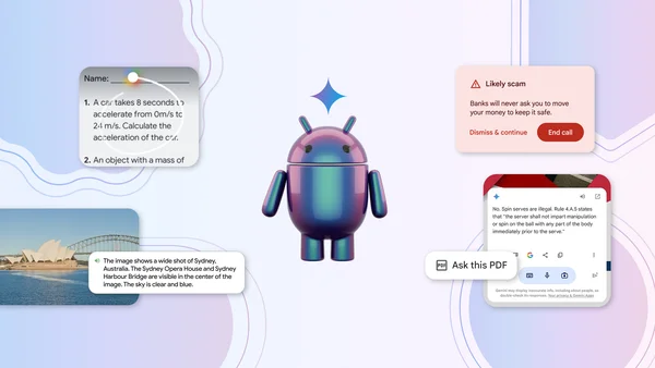 An Android mascot stands in front of screens displaying Circle to Search for homework help, scam detection alert, TalkBack, and Gemini’s overlay with a button that says "Ask this PDF."