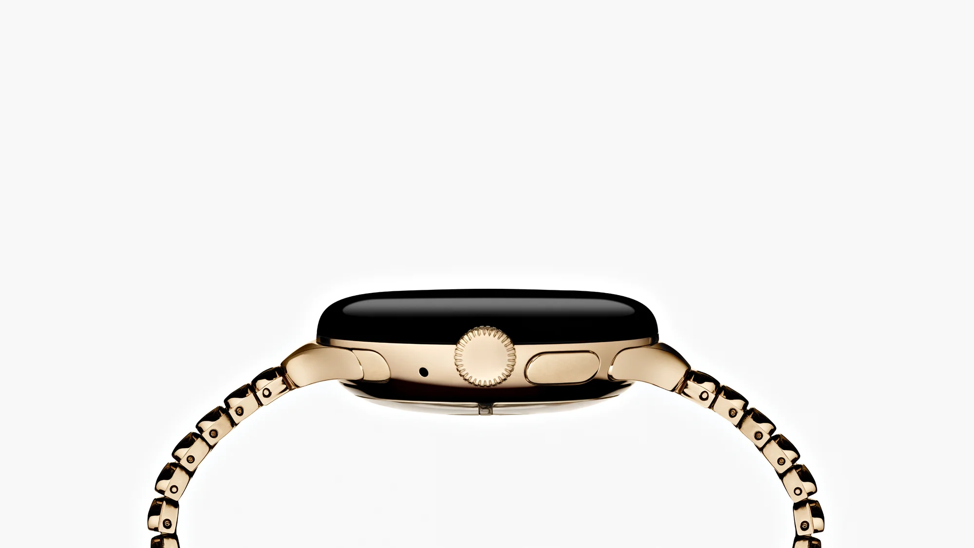 Side view of Pixel Watch 2 with Champagne Gold Metal Slim Band
