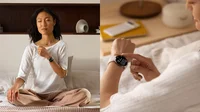Side-by-side image; on the left, a woman sits cross-legged on a bed and does a breathing exercise; on the right, a woman checks Body Response on Pixel Watch 2 with the Porcelain Stretch Band