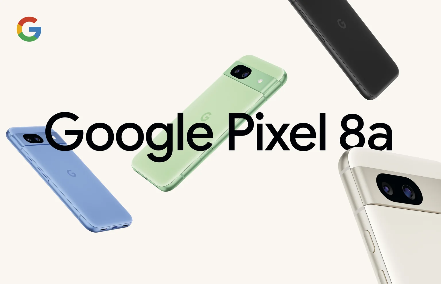 Pixel 8a phones in Bay, Aloe, Obsidian and Porcelain.