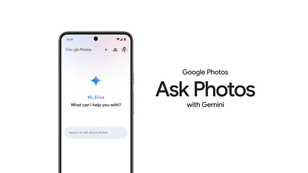 Illustration of Ask Photos with Gemini feature in Google Photos mobile app with the prompt “What can i help you with?”