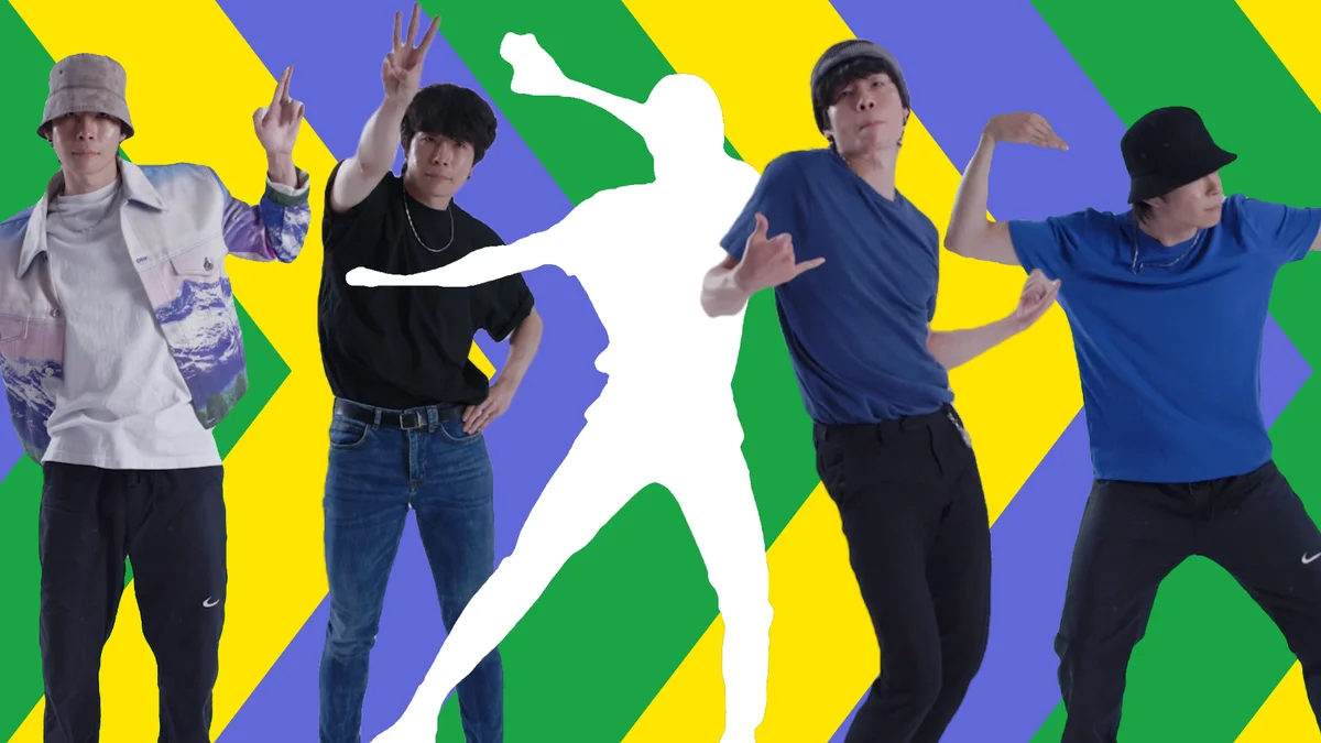 A group of people in different dance poses in front of a colorful background