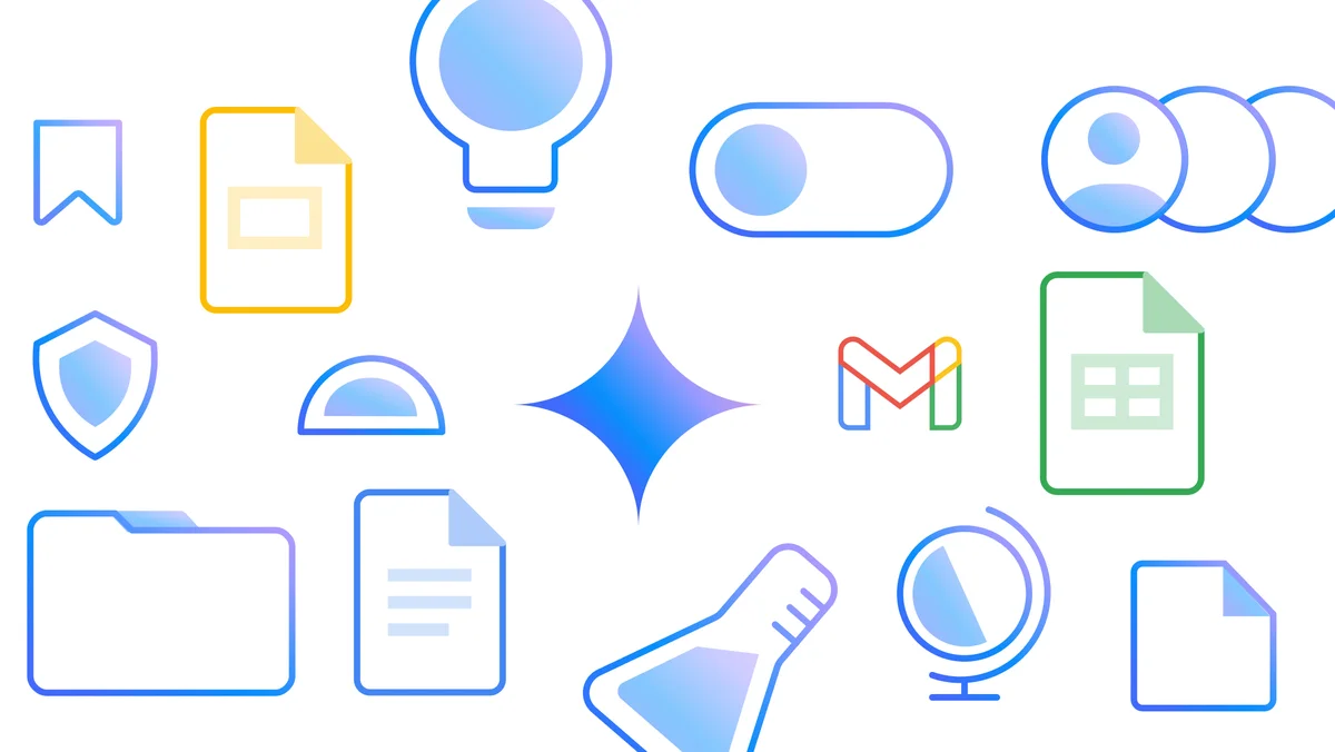 An image with light blue graphics representing Gemini: a light bulb, a beaker, the Gmail logo, the Gemini logo and more.