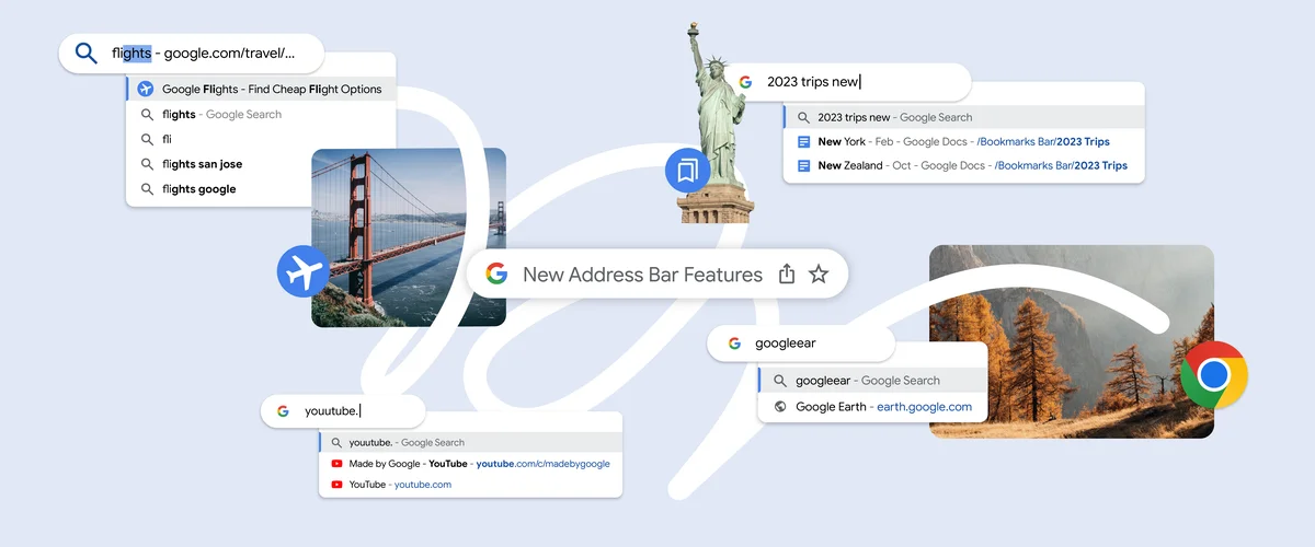A collage of improvements to Chrome’s address bar. In the center of the image is the address bar with the text “New Address Bar Features”.