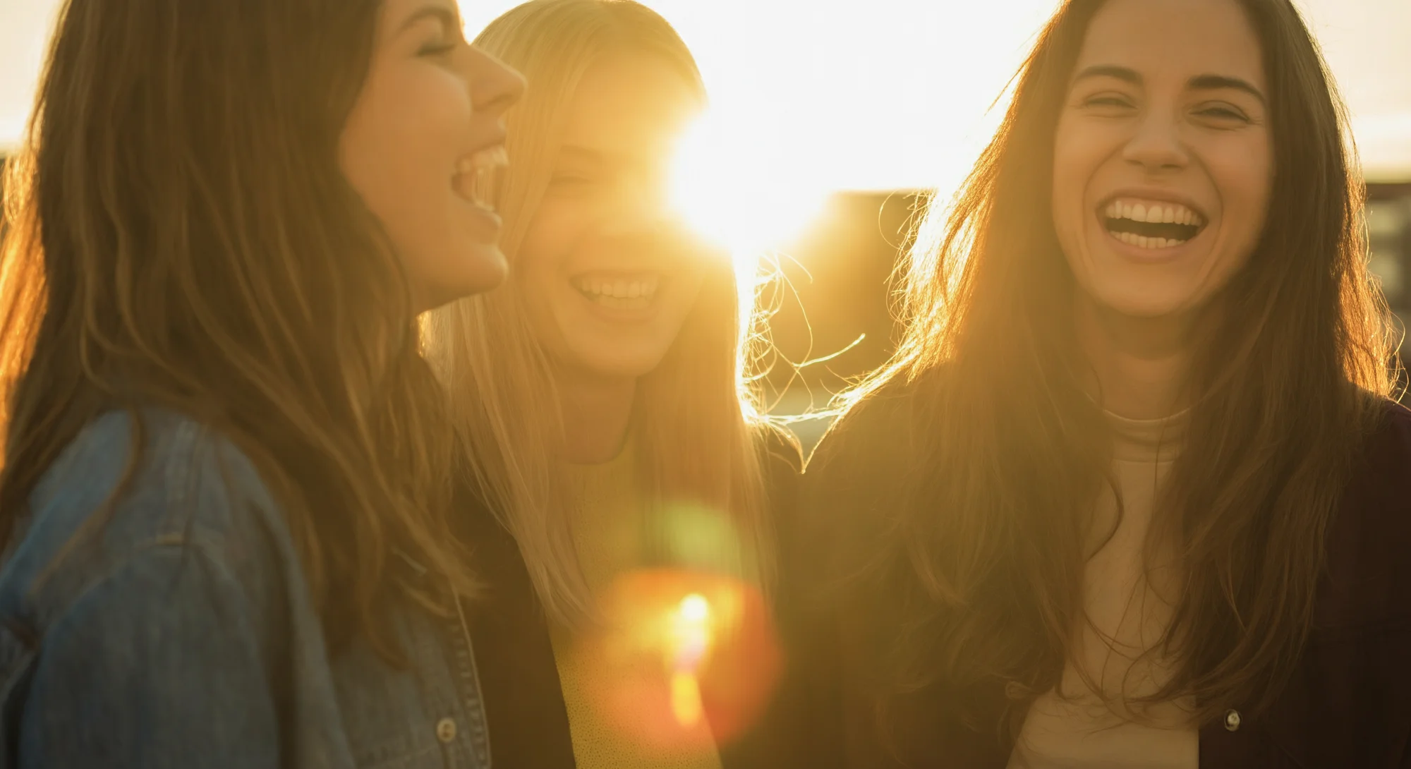 Three young women are standing in a circle and happily laughing. Behind them, the sun is setting creating a lens flare and imbuing the image with a warm glow.