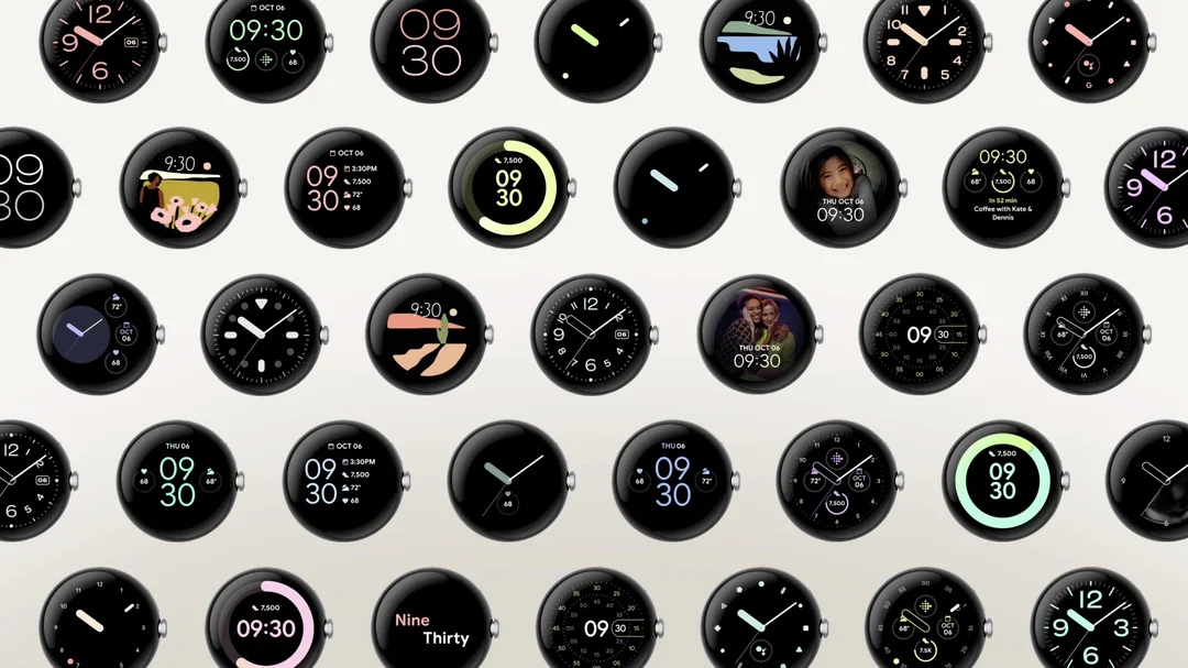 A grouping of more than 35 watch faces with various on-screen designs appear in several rows.