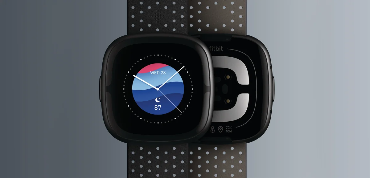 Front view of Fitbit Sense 2 shows the watch face, while back view shows its sensors.
