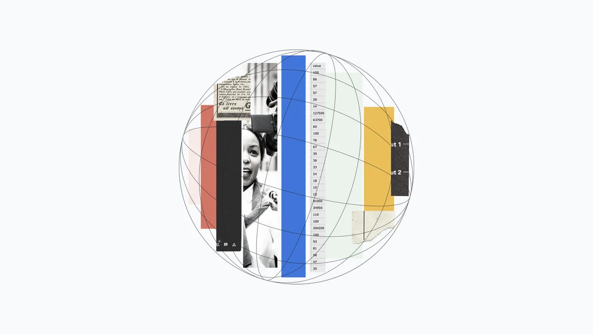 This illustrated image of a circle that is meant to suggest a globe with text, faces, and a scrap of newsprint to denote a connection with the world of news