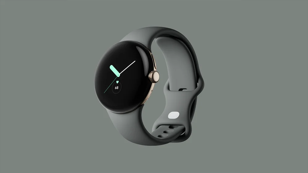 A Google Pixel Watch with a dark gray background