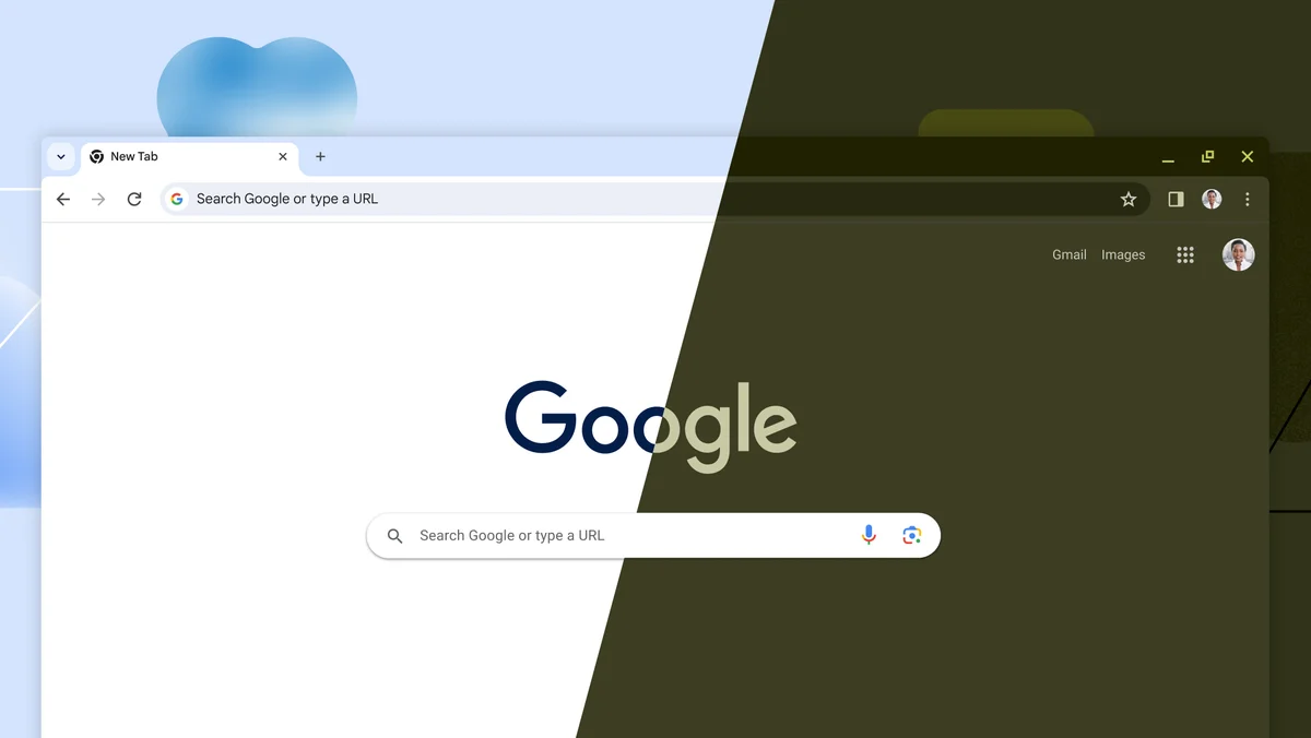 Chrome on desktop displaying the new design elements in the browser with the lighter-colored and darker-colored themes side by side.