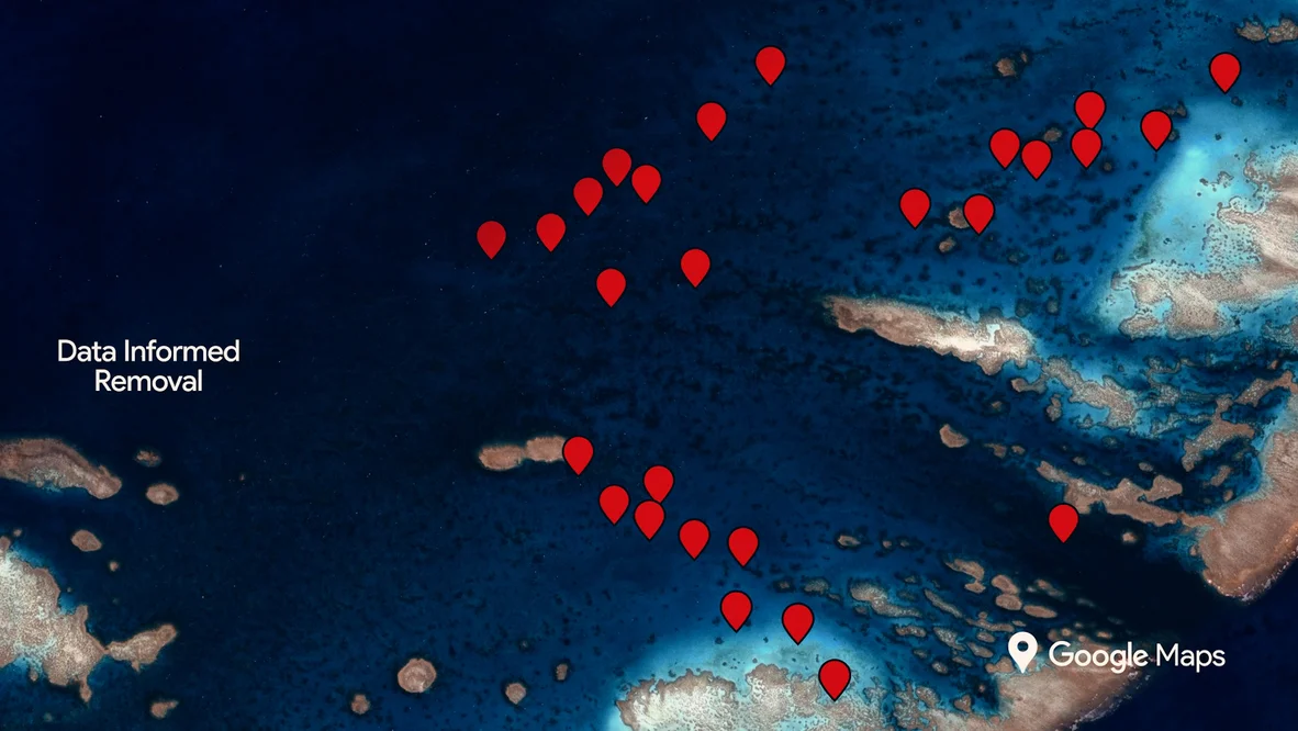A graphic showing an aerial Map of the reef, with pins where crown-of-thorn-starfish have ben detected. There is white text stating 'Data Informed Removal'