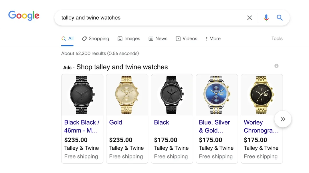 Google search results for Talley and Twine watches showing five watches: 2 black, 2 gold, 1 silver