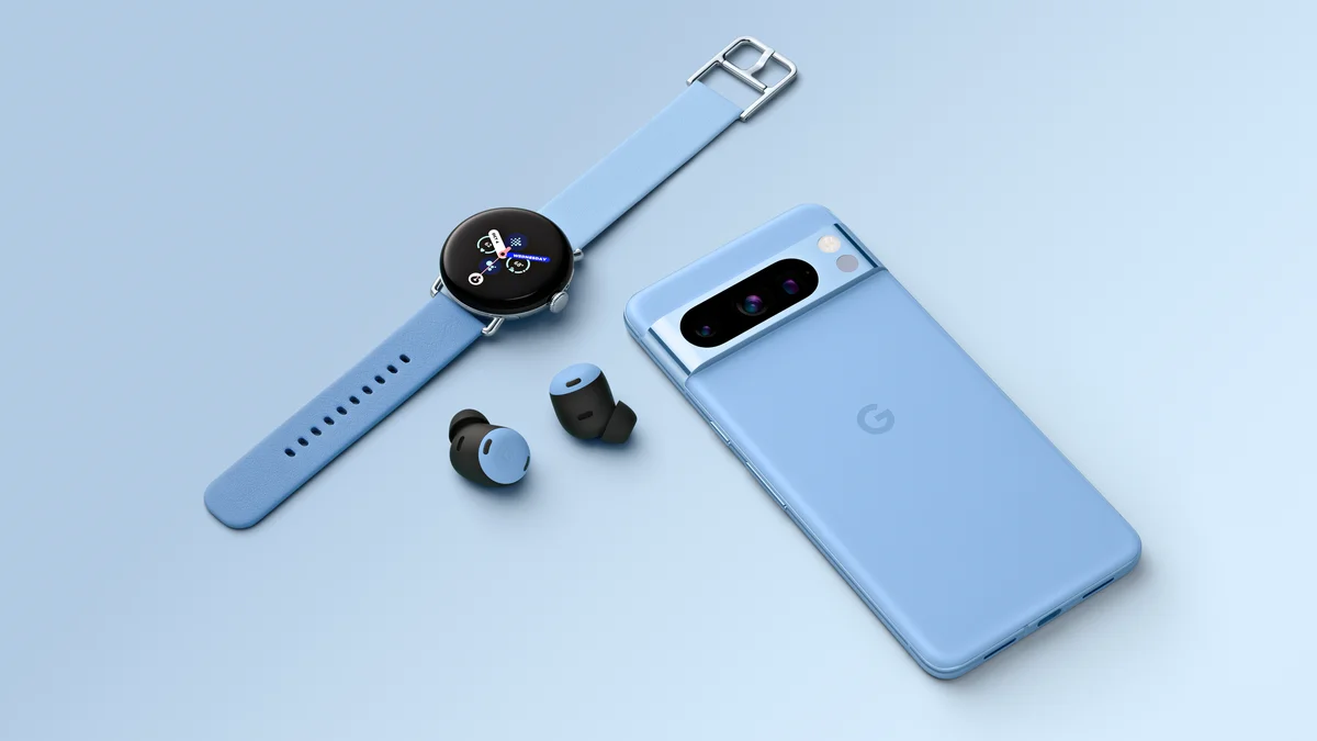 Image of Pixel 8 Pro, Pixel Buds Pro and Pixel Watch 2 in the color Bay.