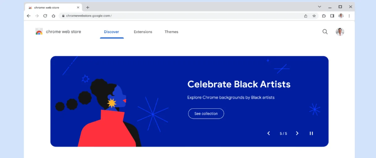 The new Chrome Web Store homepage with a banner that says “Celebrate Black Artists.” There is also a list of top extension categories, including Shopping, Communication, Education and Creativity.